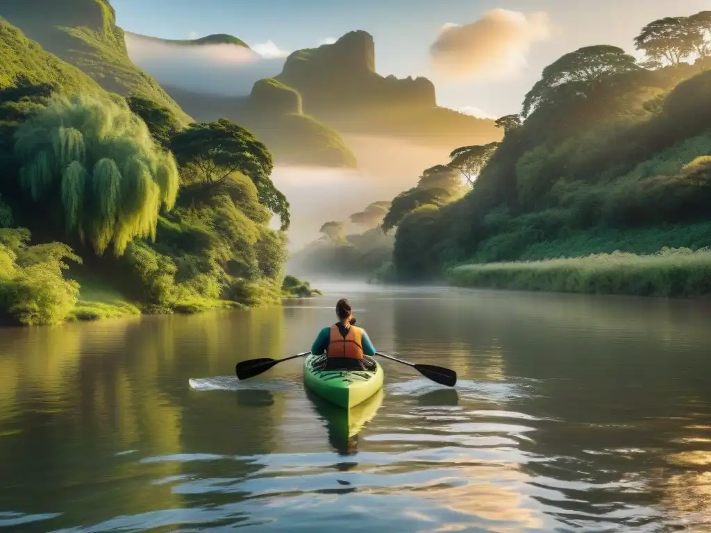 Un grupo diverso de turistas en kayak disfruta del ecoturismo en Uruguay, rodeados de naturaleza exuberante al atardecer