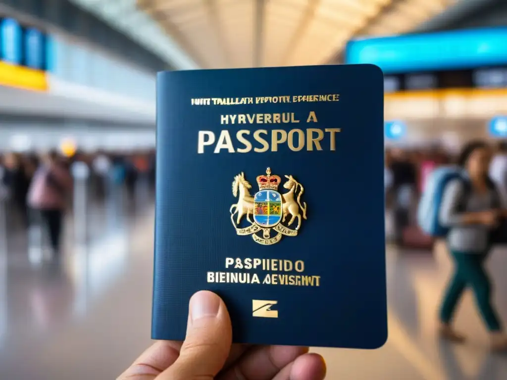 Un grupo diverso de turistas emocionados en un aeropuerto, listos para explorar Uruguay