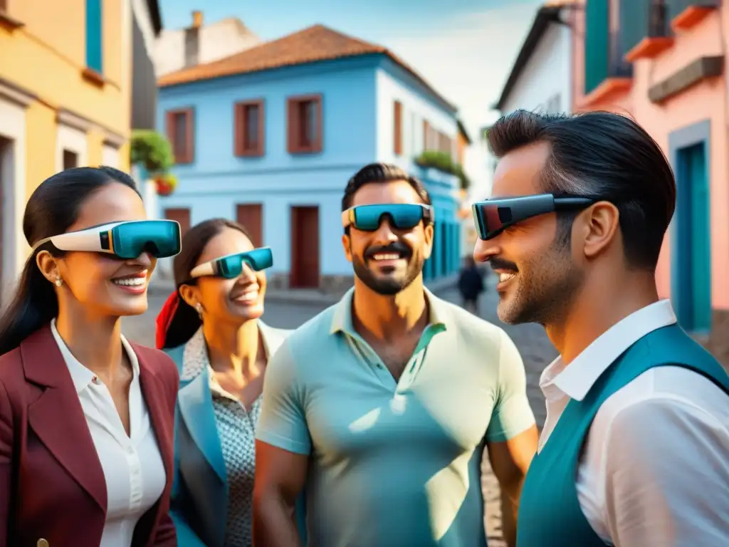 Un grupo diverso de turistas con gafas de realidad aumentada explorando las calles históricas de Colonia del Sacramento, Uruguay