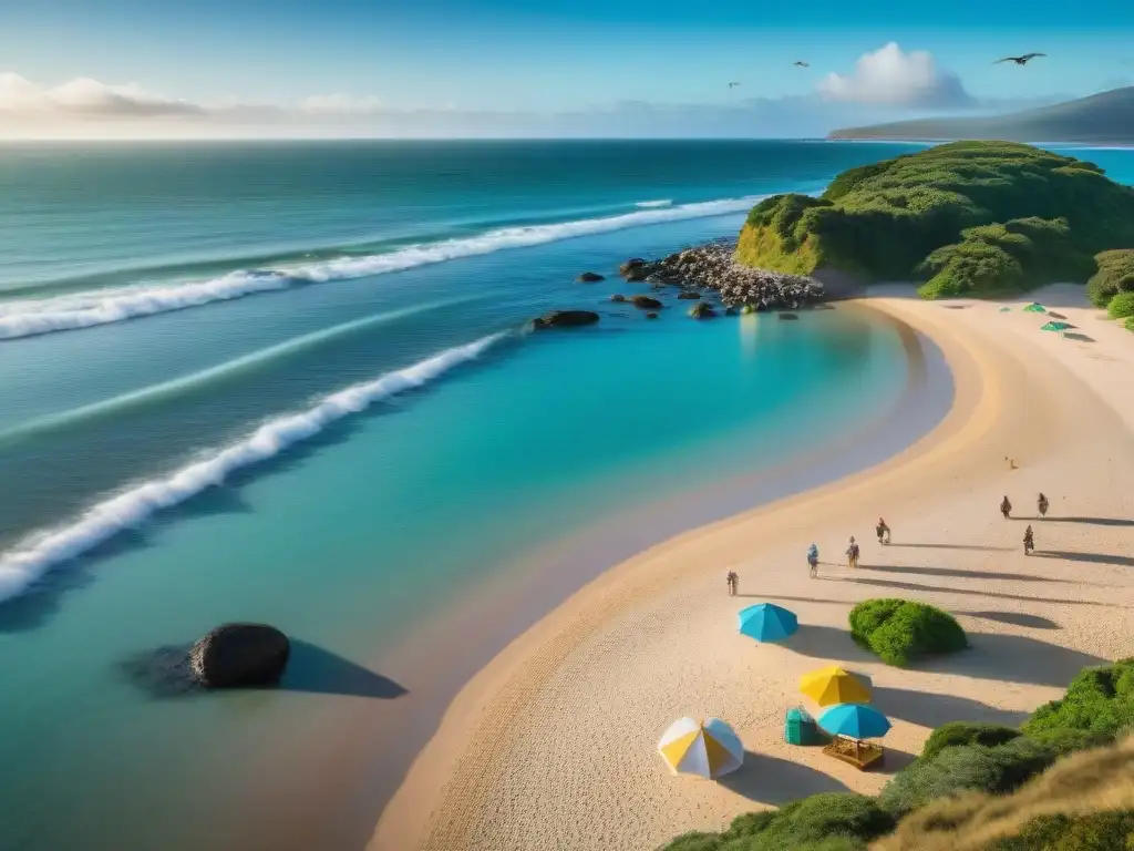 Un grupo diverso de turistas limpia una playa de Uruguay, promoviendo el turismo responsable en Uruguay