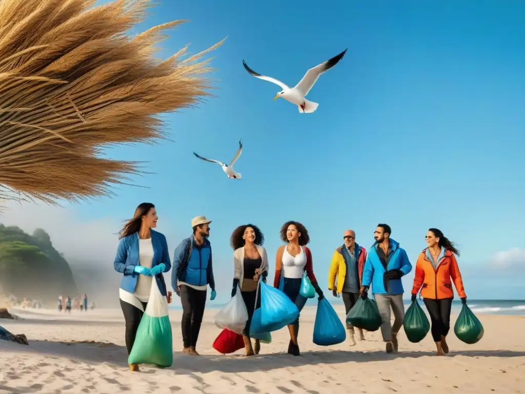 Grupo diverso de turistas participando en limpieza de playa en Uruguay, promoviendo educación ambiental turismo