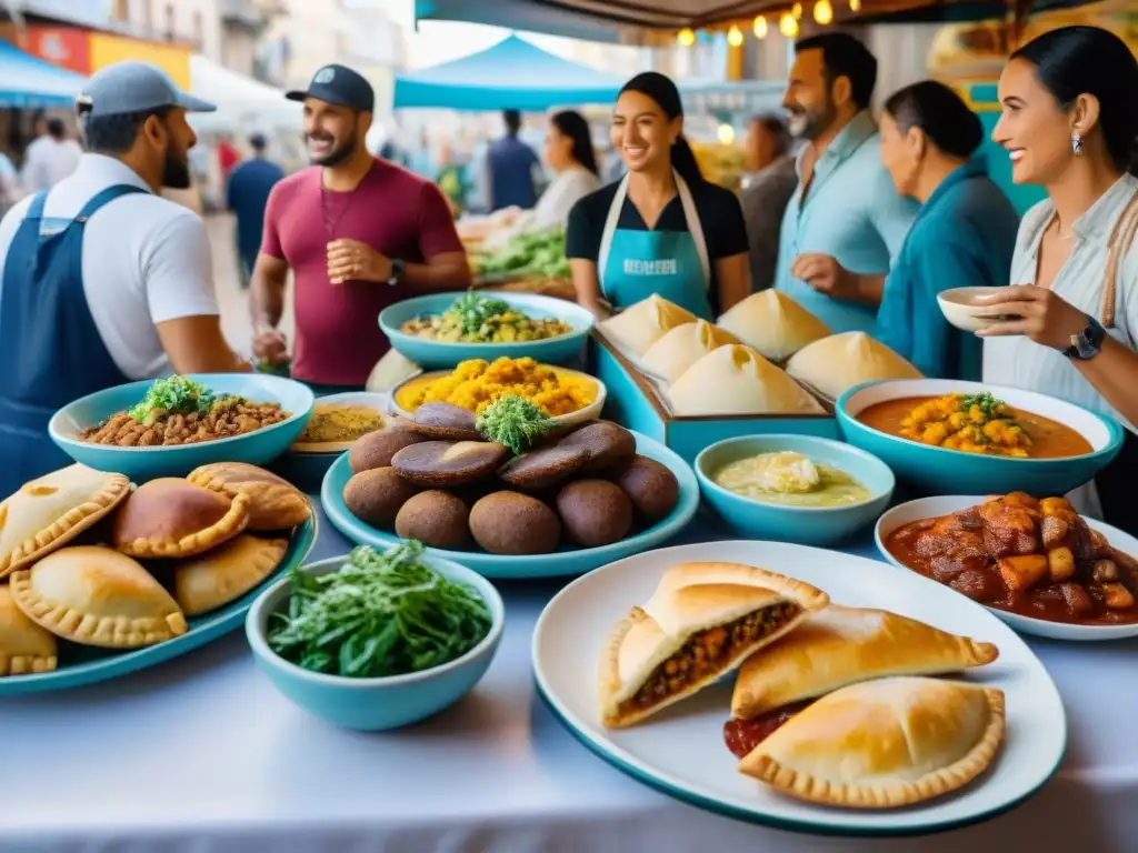 Grupo diverso de turistas disfrutando de platos uruguayos en mercado de Montevideo