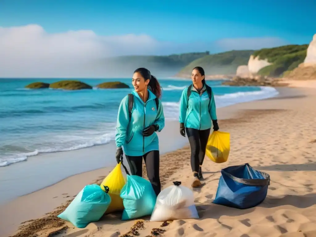 Grupo diverso de turistas limpiando la playa en Uruguay, enfatizando el turismo responsable en Uruguay