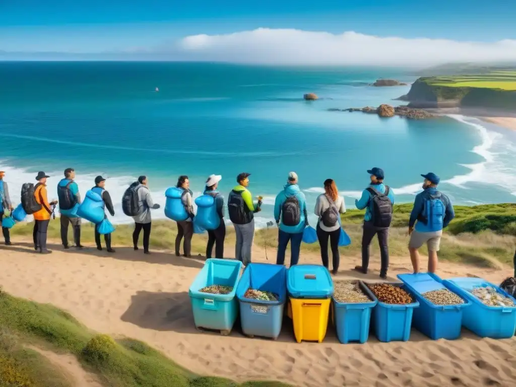 Grupo diverso de turistas limpiando la playa en Uruguay, promoviendo el turismo sostenible