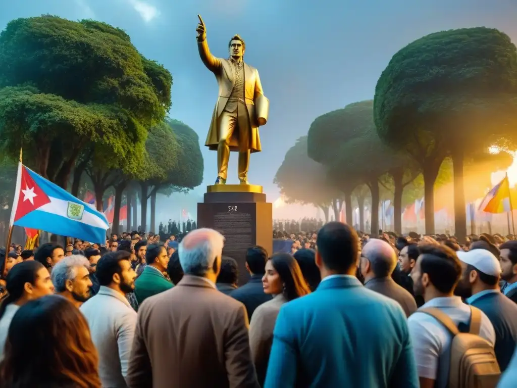 Grupo diverso de uruguayos reunidos en plaza alrededor de estatua de Artigas al atardecer, reflejando legado revolución artiguista identidad uruguaya