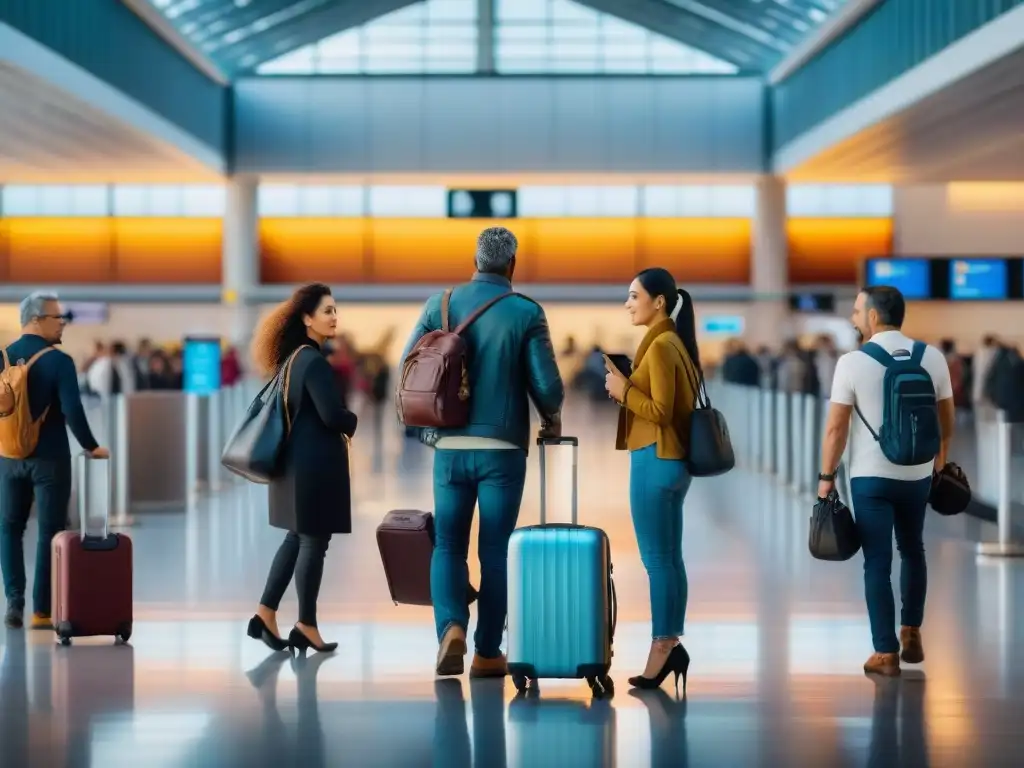 Un grupo diverso de viajeros espera ansiosamente en el aeropuerto de Carrasco en Montevideo, reflejando la experiencia universal de equipaje perdido