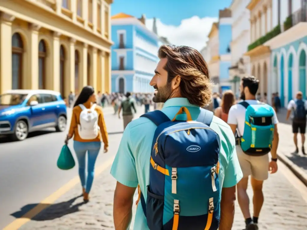 Un grupo diverso de viajeros disfruta de aventuras al aire libre en Uruguay, con mochilas y mapas