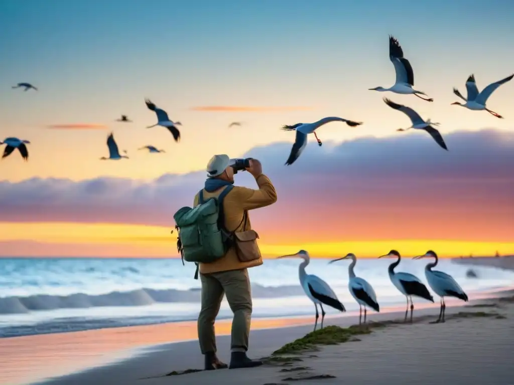 Grupo diverso de viajeros observando aves costeras en Uruguay, destacando su importancia ecológica