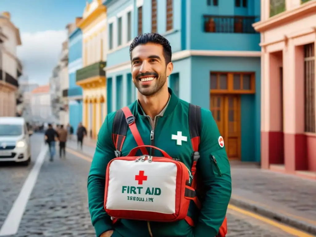 Un grupo diverso de viajeros en Uruguay con botiquín primeros auxilios, disfrutando de Montevideo