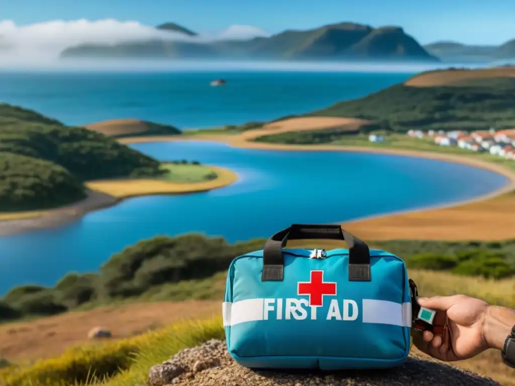 Un grupo diverso de viajeros en Uruguay con botiquines de primeros auxilios personalizados, disfrutando del paisaje