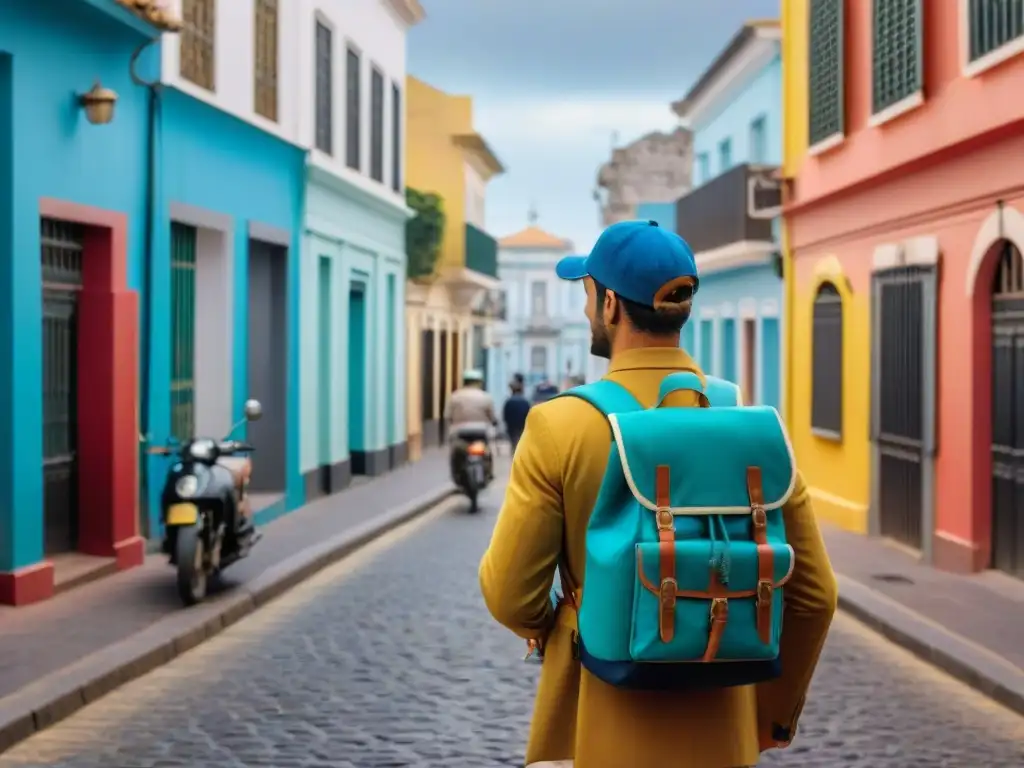 Grupo diverso de viajeros explorando las calles de Montevideo, Uruguay, transmitiendo aventura y cultural, ideal para seguros de viaje Uruguay opiniones