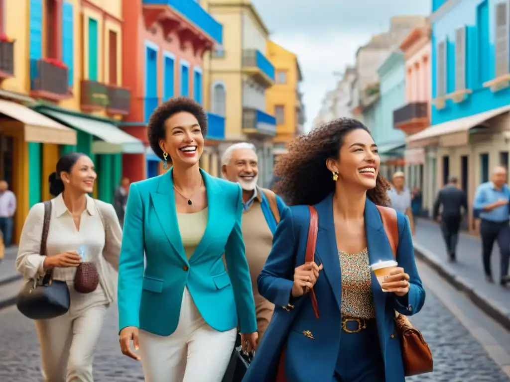 Un grupo diverso de viajeros riendo y charlando mientras exploran las calles vibrantes de Montevideo, Uruguay, transmitiendo seguridad y camaradería