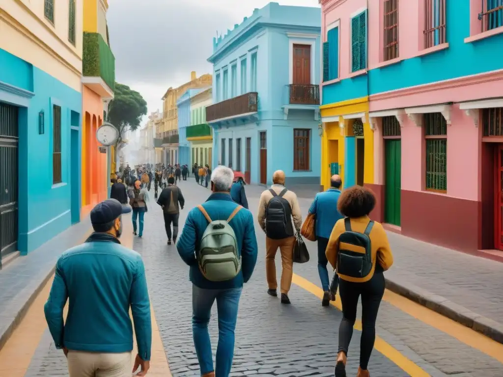 Un grupo diverso de viajeros recorre las coloridas calles de Montevideo con un guía local