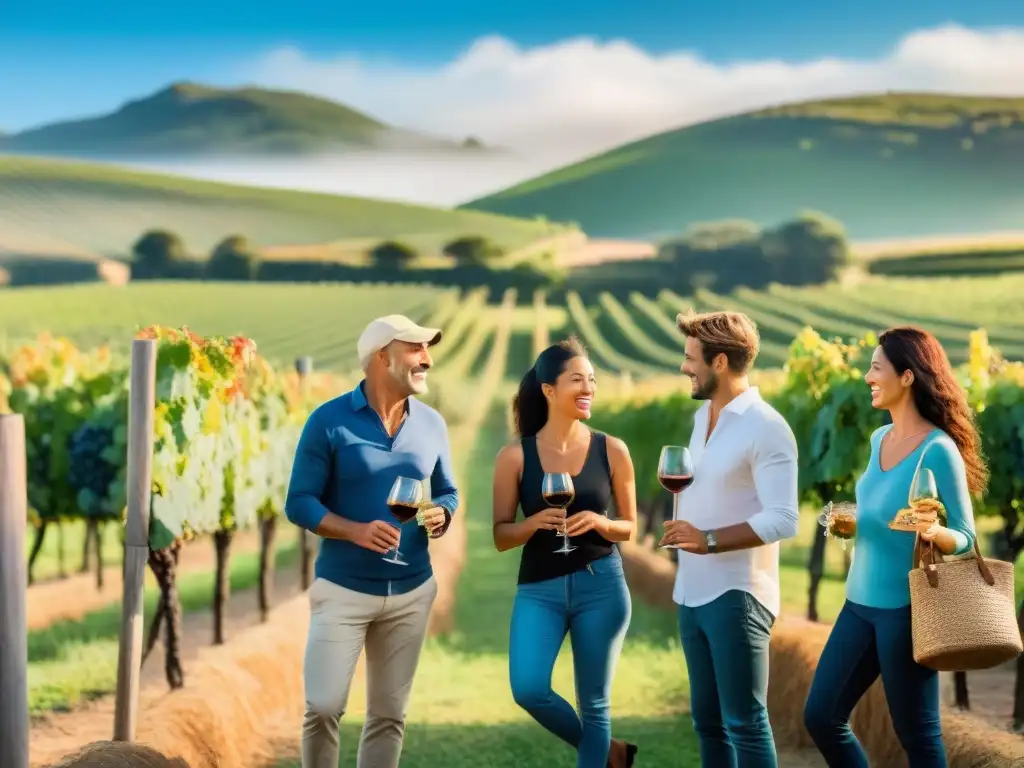 Grupo diverso de viajeros disfrutando del enoturismo en viñedo uruguayo