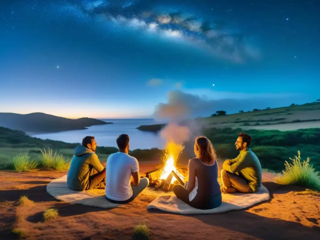 Un grupo diverso de viajeros comparte experiencias alrededor de una fogata en la naturaleza de Uruguay