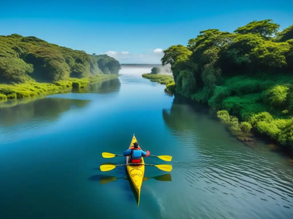 Un grupo diverso de viajeros rema en kayak por los hermosos paisajes acuáticos de Uruguay, rodeados de exuberante vegetación y fauna variada