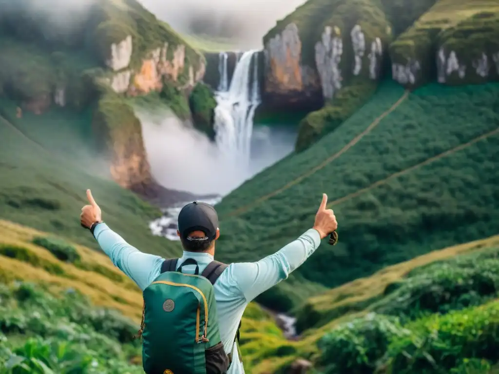 Grupo diverso de viajeros explorando las montañas de Uruguay, guiados por un local hacia una cascada