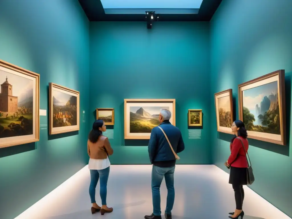 Grupo diverso en visita guiada al Museo Juan Manuel Blanes, admirando las obras de arte con curiosidad y respeto