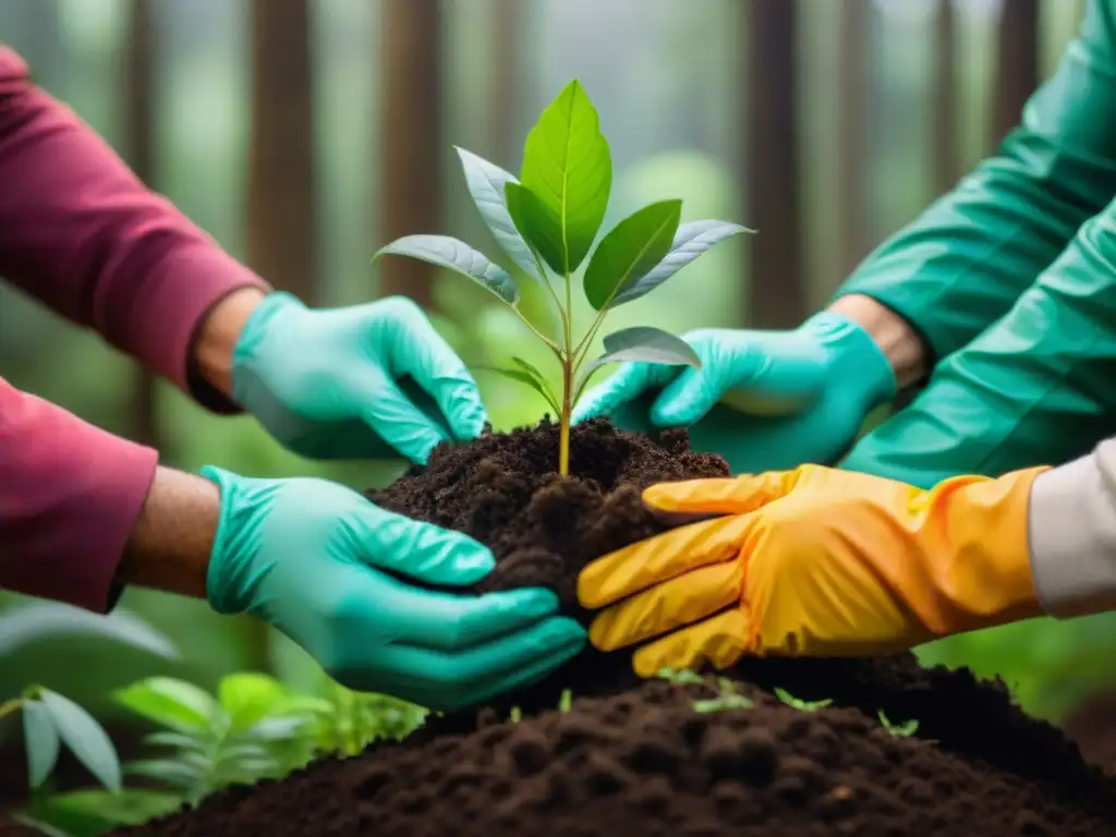 Grupo diverso de voluntarios plantando árboles en un bosque de Uruguay