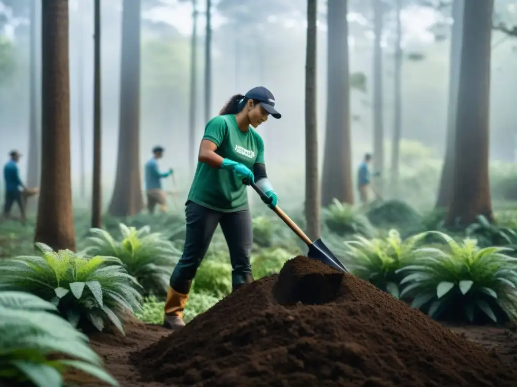 Grupo diverso de voluntarios plantando árboles nativos en un bosque de Uruguay