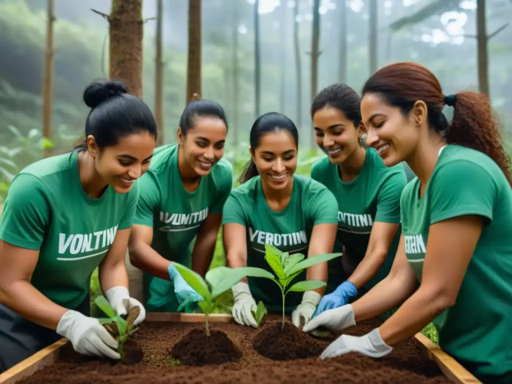 Un grupo diverso de voluntarios plantando árboles en un bosque de Uruguay, destacando el voluntariado ambiental en Uruguay