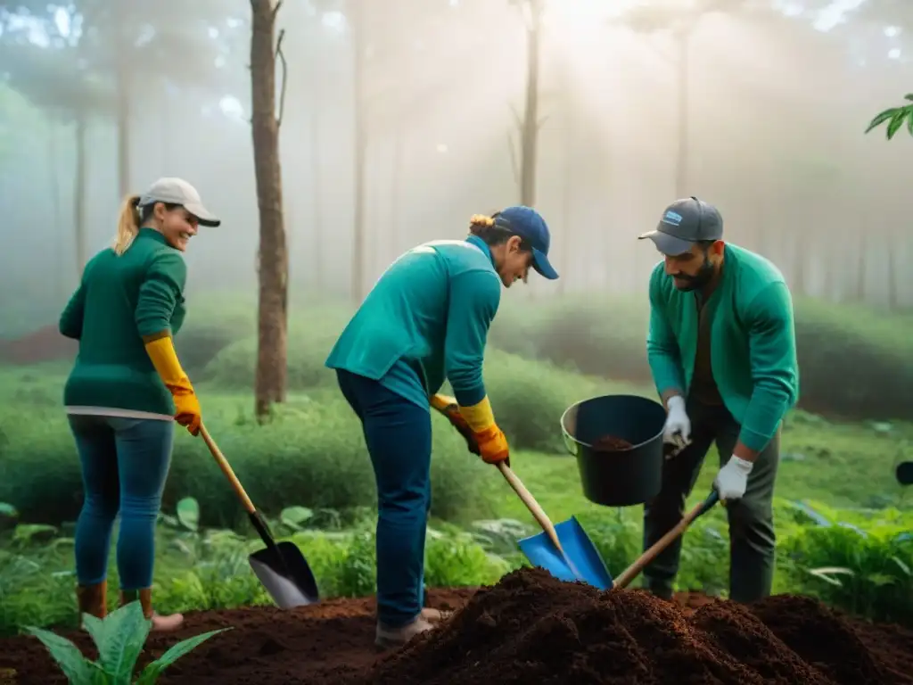 Grupo diverso de voluntarios plantando árboles nativos en un bosque verde de Uruguay