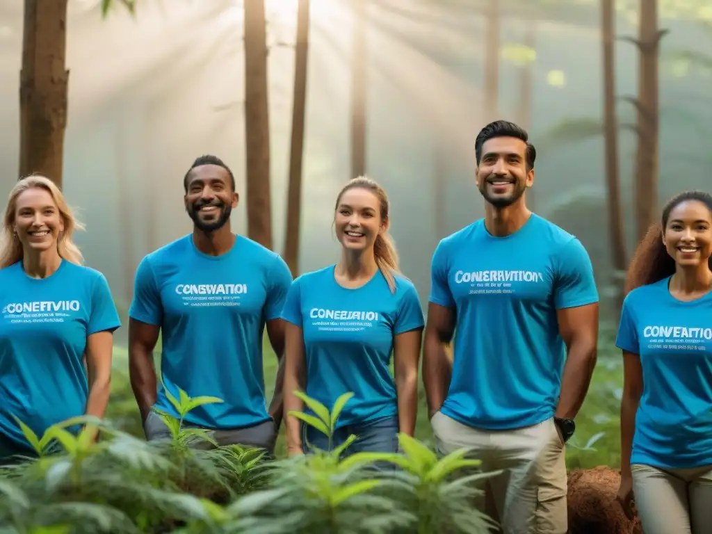 Un grupo diverso de voluntarios plantando árboles nativos en un bosque verde, con camisetas azules que dicen 'Conservación en Uruguay'