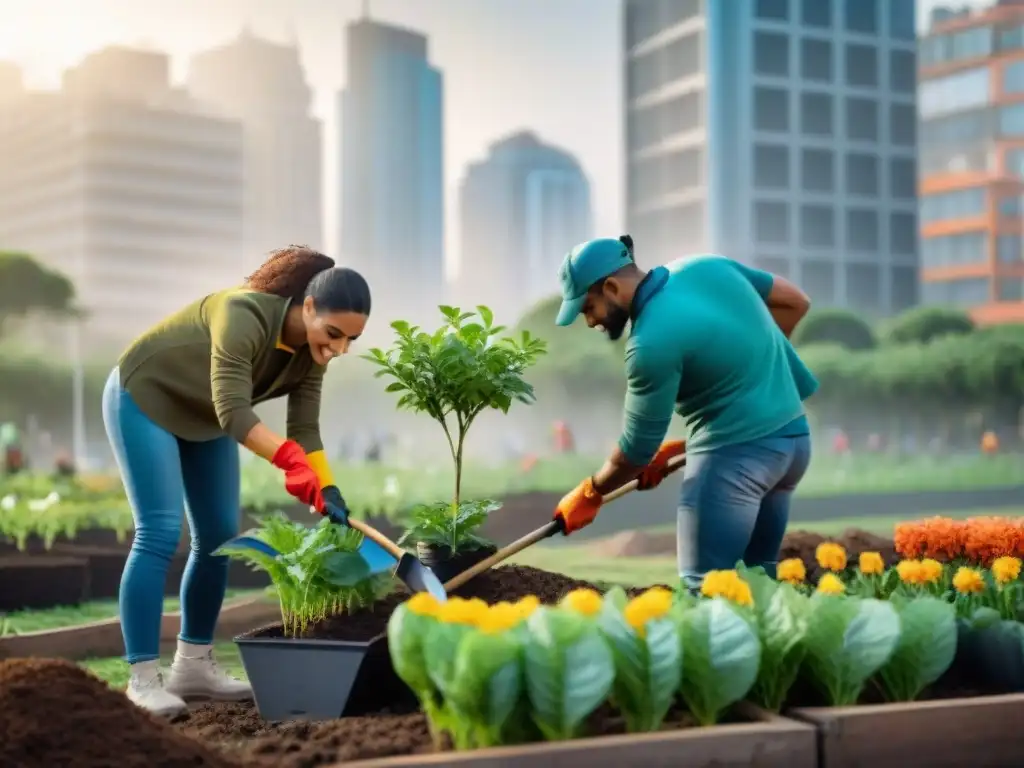 Grupo diverso de voluntarios plantando árboles y flores en parque urbano de Uruguay, reflejando el voluntariado ambiental