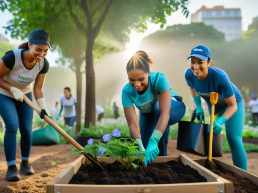 Grupo diverso de voluntarios plantando árboles y flores en un parque urbano de Uruguay