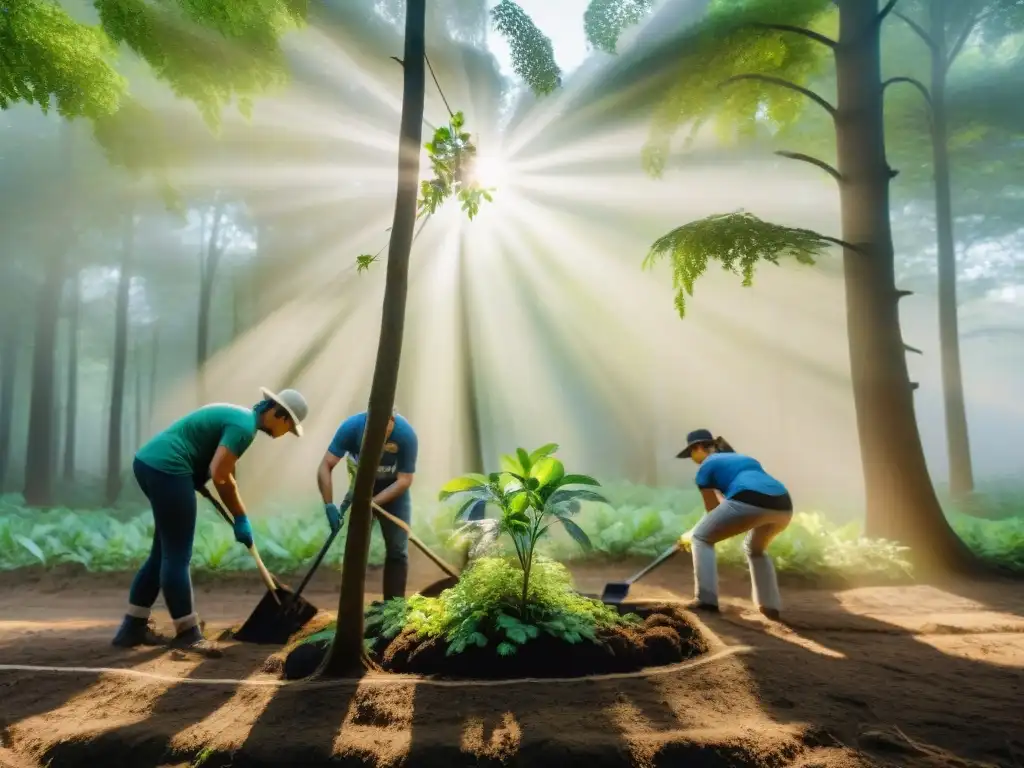 Grupo diverso de voluntarios protegiendo biodiversidad en Uruguay plantando árboles nativos en un bosque exuberante