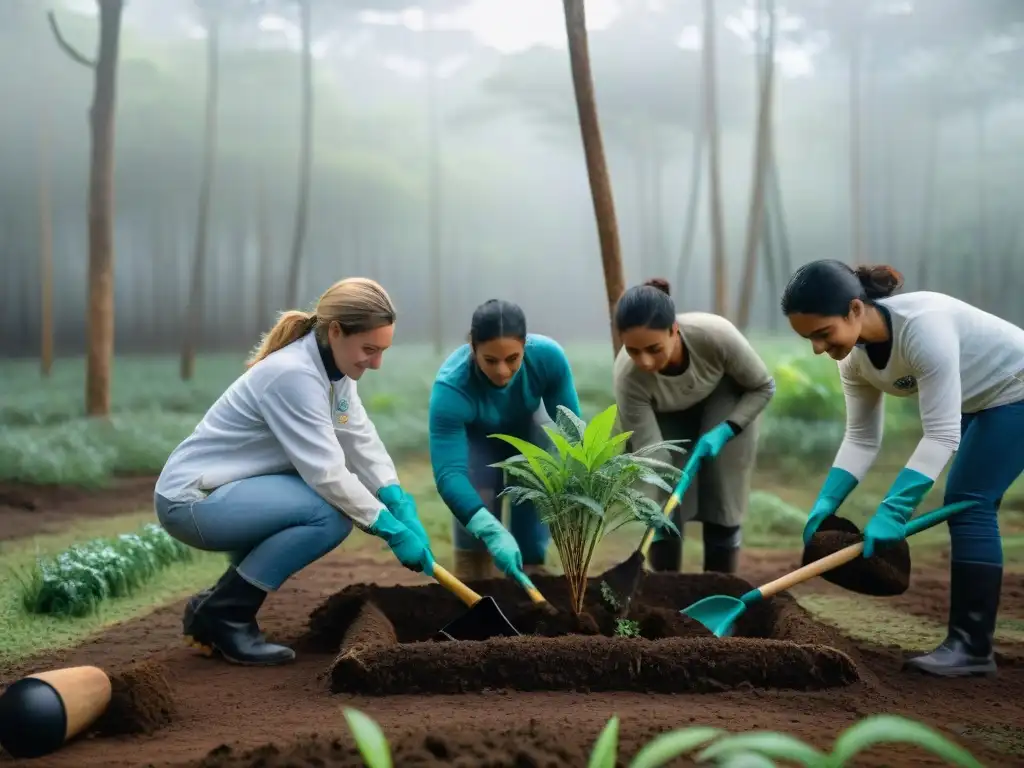 Grupo diverso de voluntarios protegiendo biodiversidad en Uruguay al plantar árboles nativos en un frondoso bosque