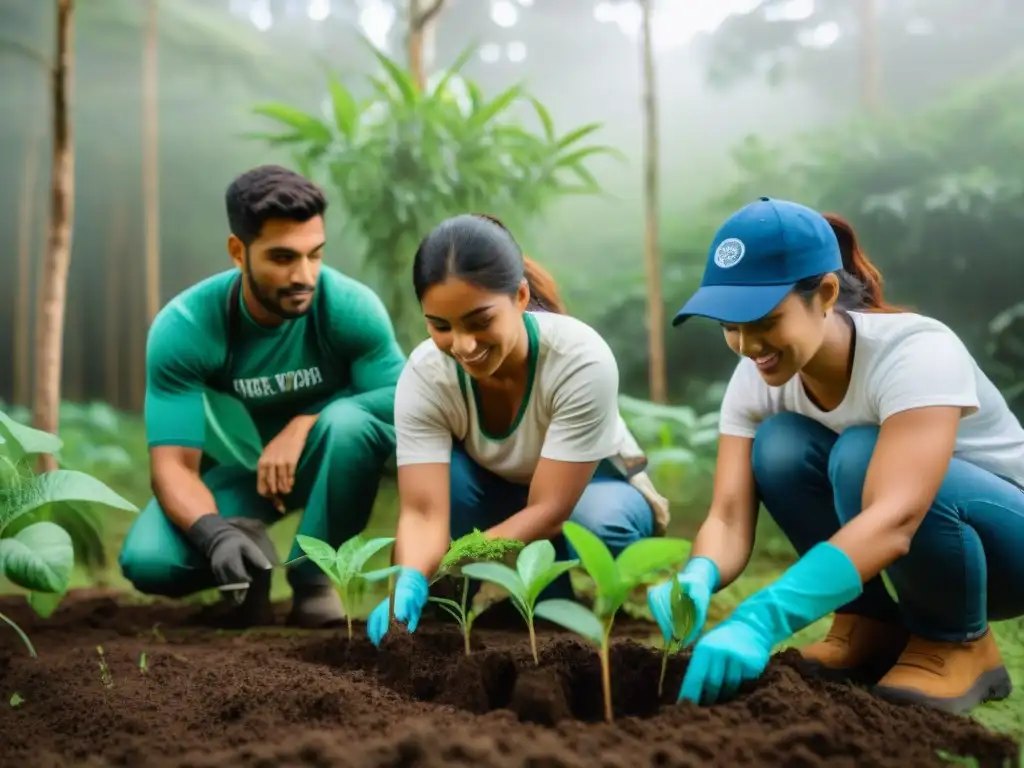 Un grupo diverso de voluntarios planta árboles en un bosque verde de Uruguay