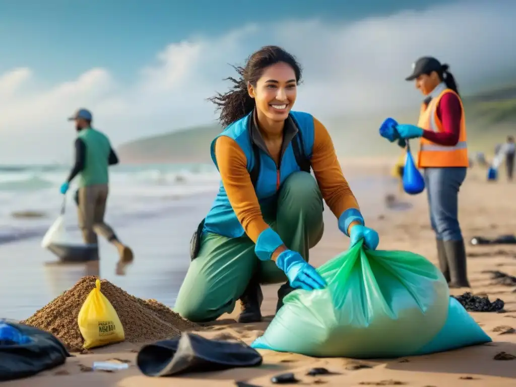 Un grupo diverso de voluntarios en acción limpiando desechos plásticos en las costas de Uruguay