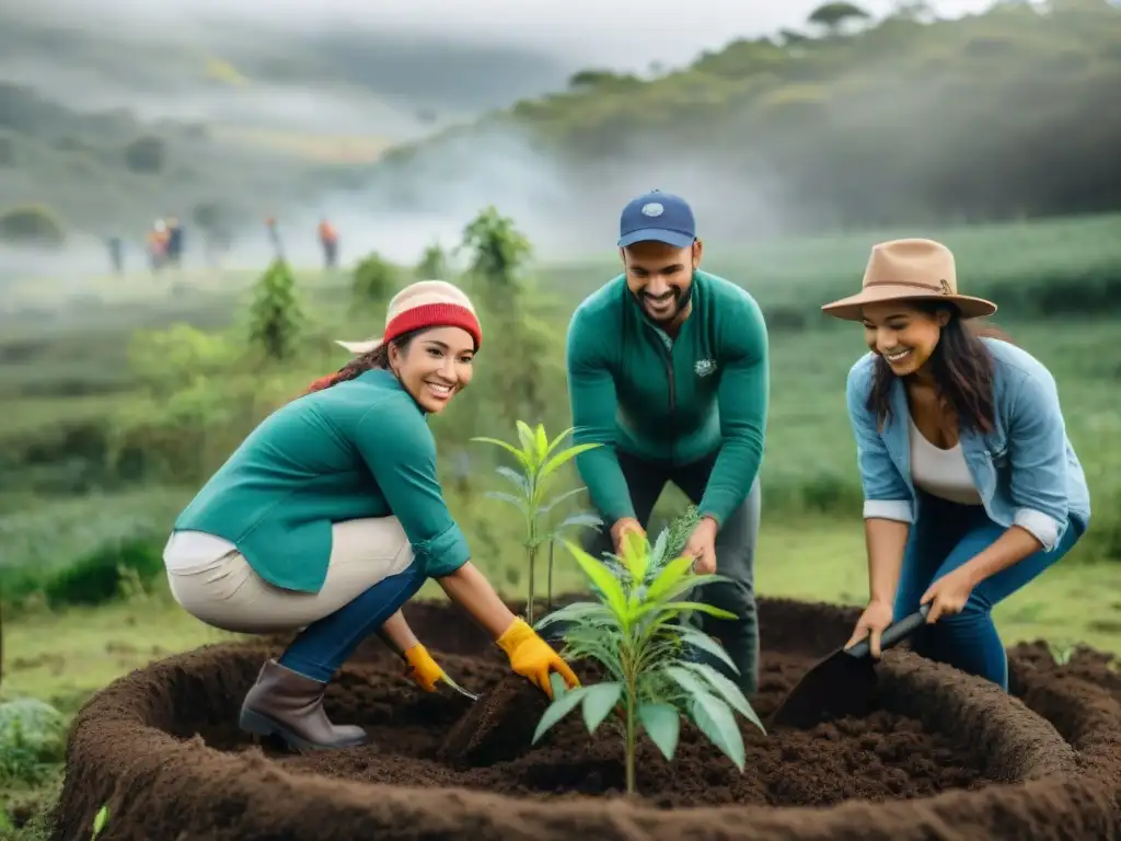 Un grupo diverso de voluntarios entusiastas plantando árboles nativos en un bosque de Uruguay, participando en proyectos de ecoturismo