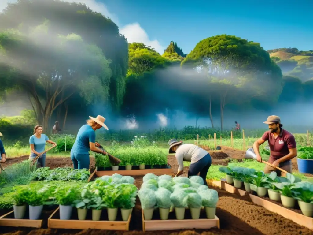 Un grupo diverso de voluntarios trabajando armoniosamente en un exuberante jardín de permacultura en Uruguay