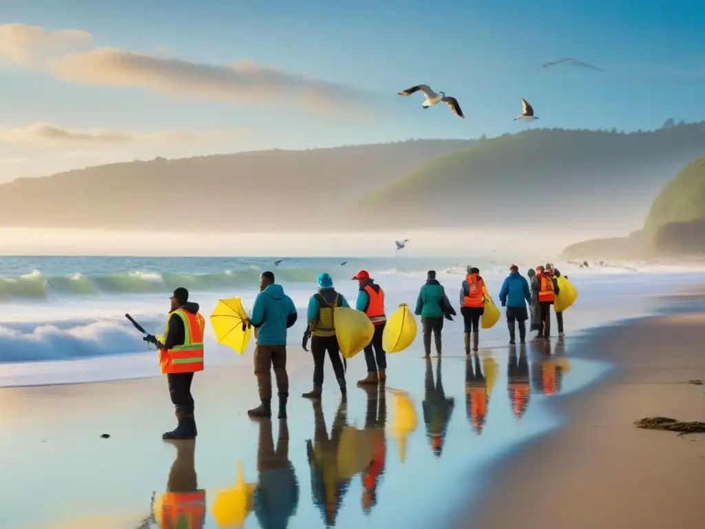 Grupo diverso de voluntarios con guantes y pinzas, limpiando una playa al amanecer en Uruguay