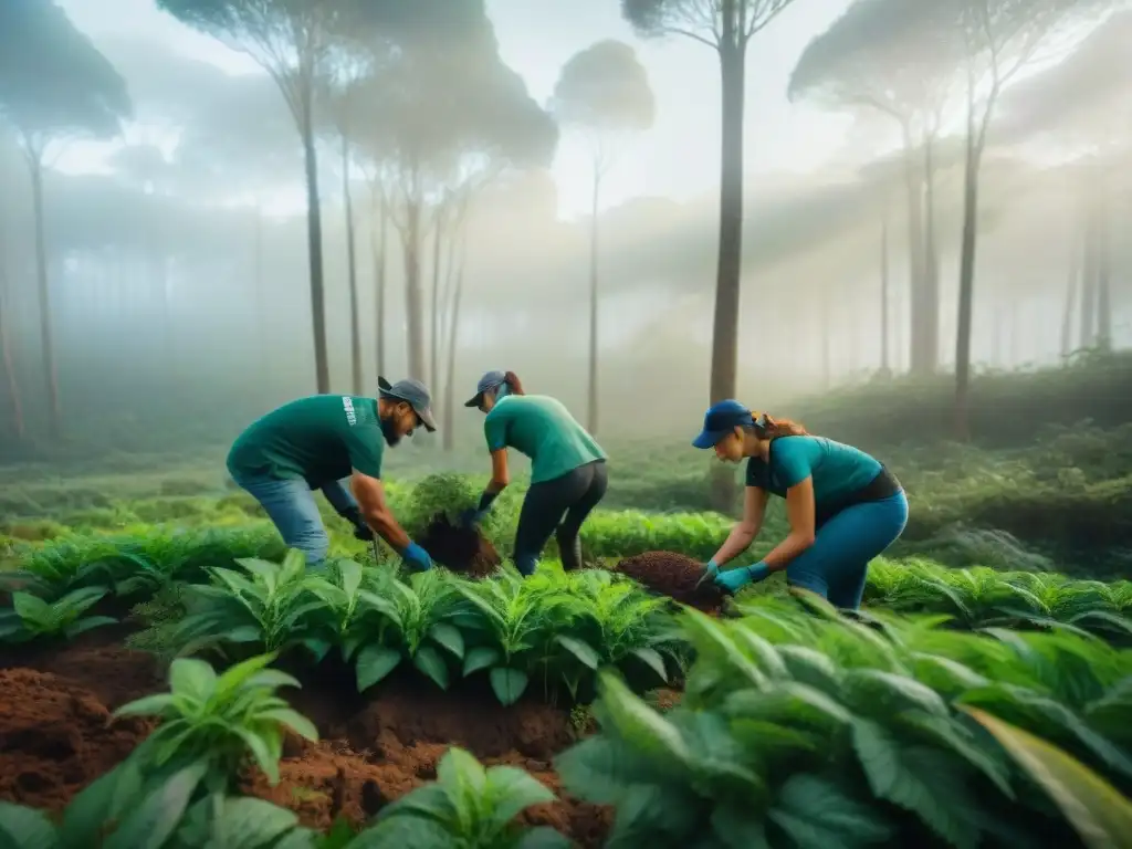 Grupo diverso de voluntarios en Uruguay trabajando juntos en un bosque verde, plantando árboles y cuidando el ambiente