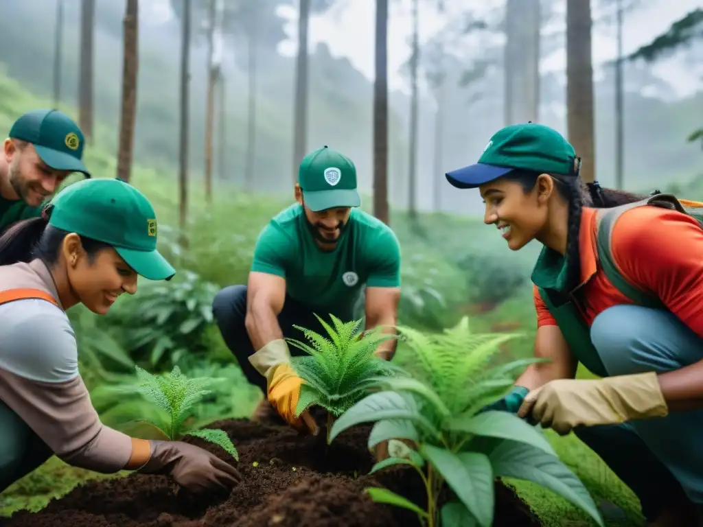 Grupo diverso de voluntarios trabajando juntos en un bosque de Uruguay