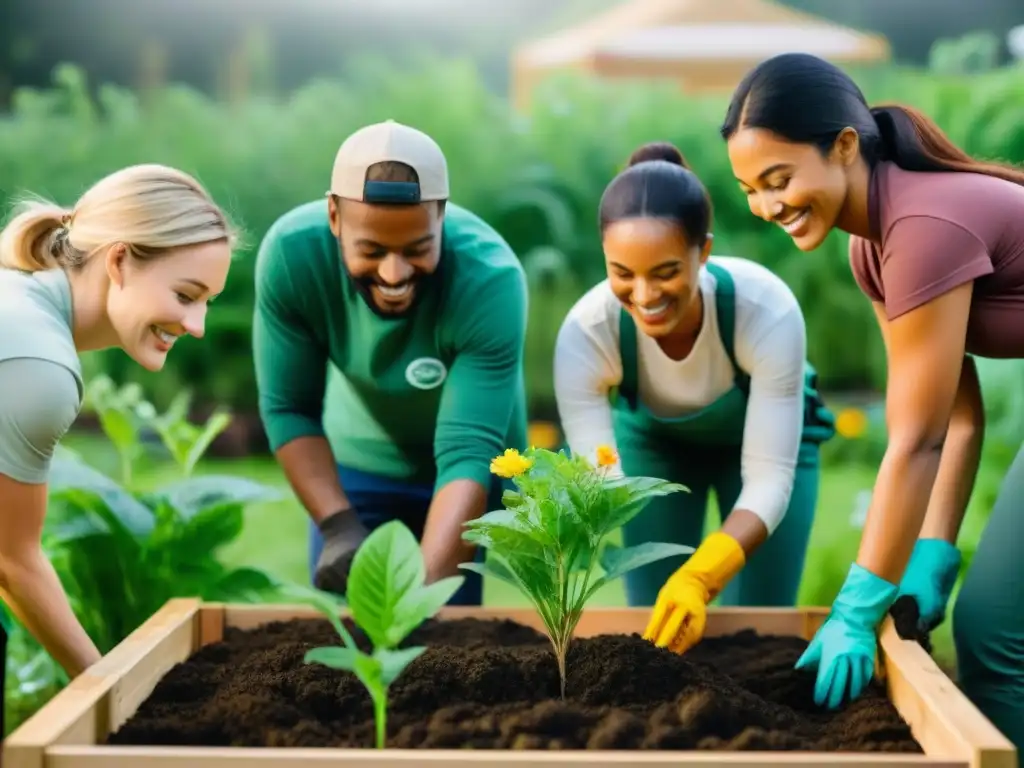 Un grupo diverso de voluntarios trabajando juntos en un jardín comunitario verde, plantando árboles y flores bajo el cálido sol