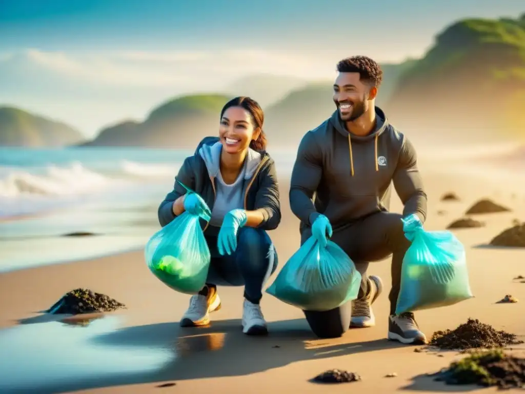 Un grupo diverso de voluntarios limpia una hermosa playa al amanecer en Uruguay, mostrando camaradería y conservación ambiental