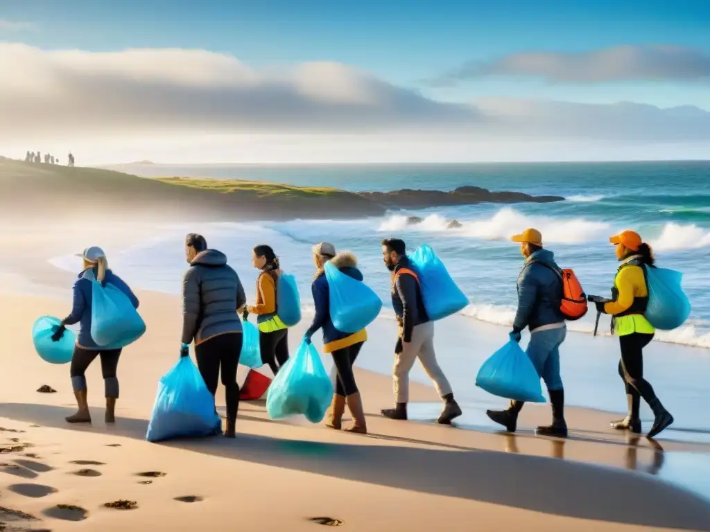 Un grupo diverso de voluntarios participa en una limpieza de playas en Uruguay, uniendo esfuerzos para proteger el océano