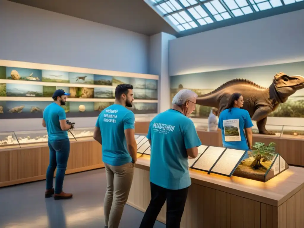 Voluntarios unidos preservando la historia natural en Uruguay Grupo diverso de voluntarios en museo natural de Uruguay, preservando patrimonio