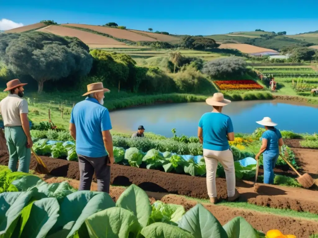 Un grupo diverso de voluntarios trabaja en un jardín de permacultura en Uruguay, cultivando en armonía