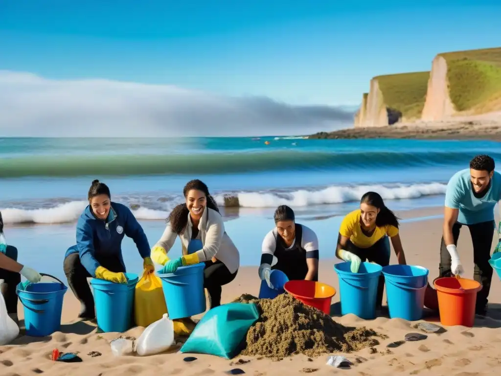 Grupo diverso de voluntarios limpiando apasionadamente una playa en Uruguay