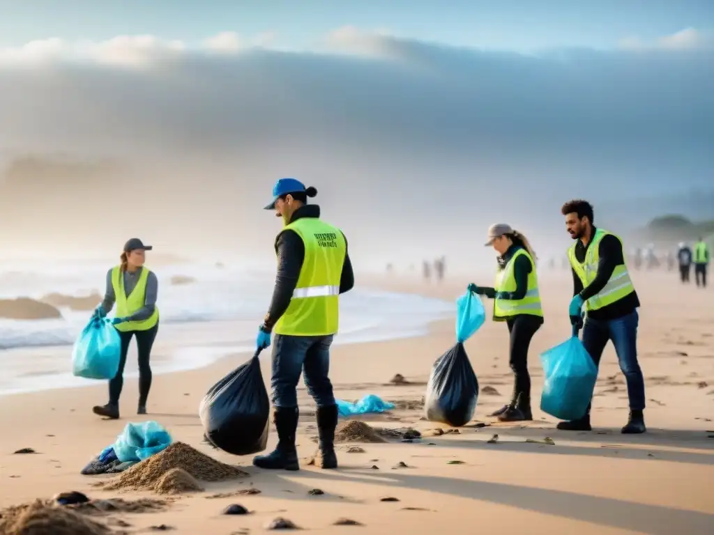 Grupo diverso de voluntarios limpiando playa en Uruguay, enfocados y determinados