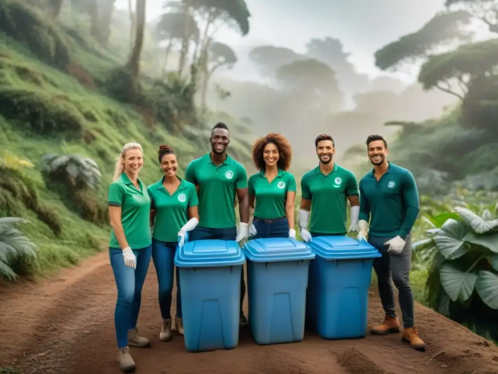 Grupo diverso de voluntarios sonrientes recogiendo residuos en un bosque verde de Uruguay