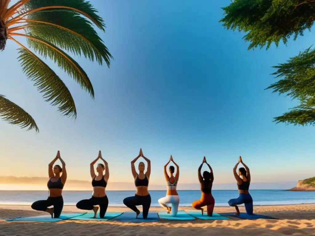 Grupo diverso practicando yoga al atardecer en una playa de Uruguay