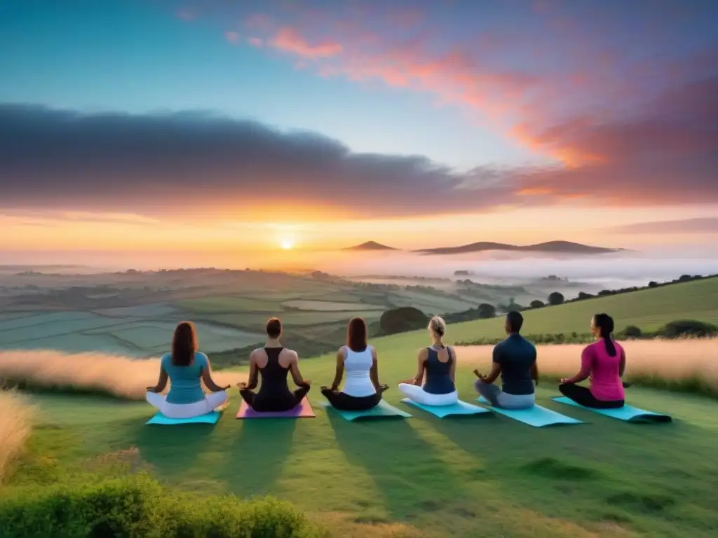 Grupo diverso practicando yoga al amanecer en las colinas de Uruguay