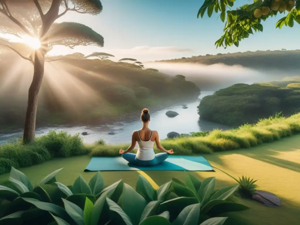 Grupo diverso practicando yoga en un ecoretiro sostenible en Uruguay, rodeados de naturaleza serena y un río tranquilo