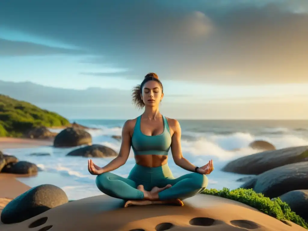 Grupo diverso practicando yoga al amanecer en una playa de Uruguay